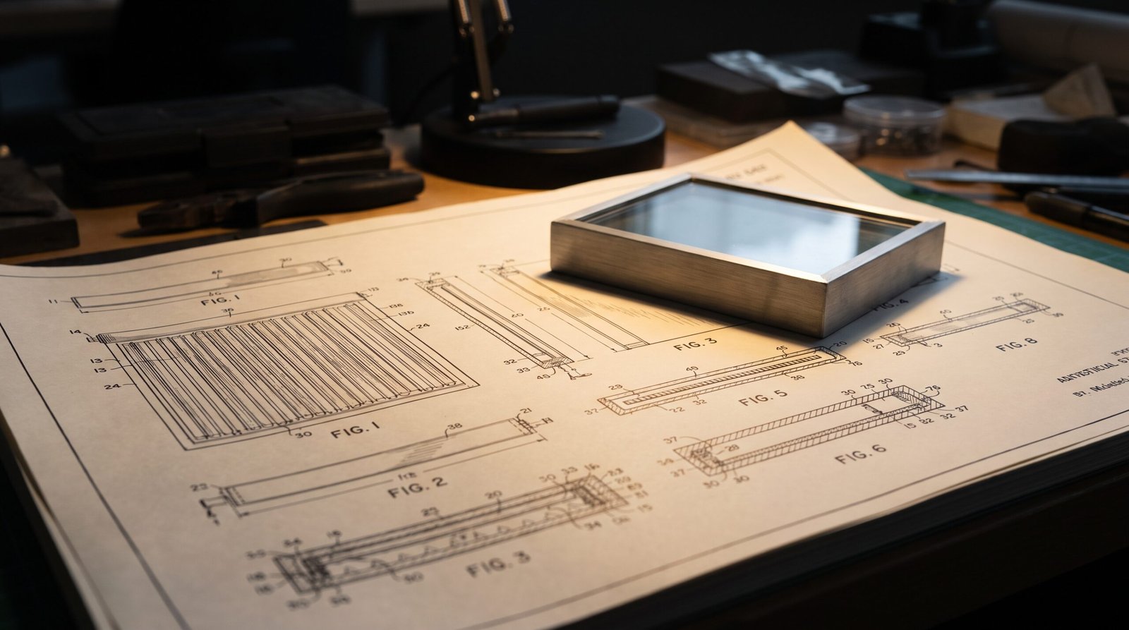 Plano técnico de una patente de dispositivo solar térmico con un prototipo físico