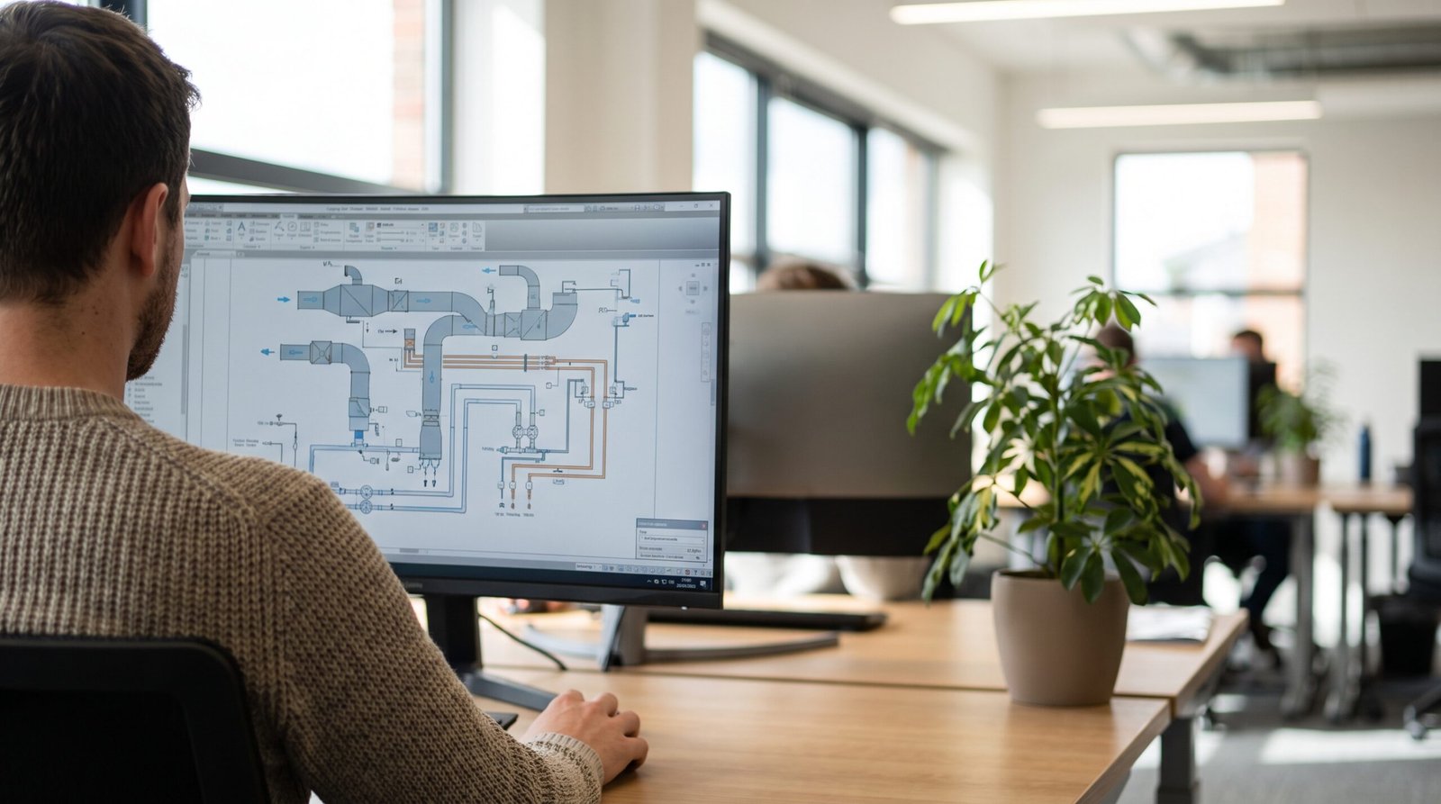 Estudiante en prácticas revisando planos técnicos de instalaciones en una oficina de ingeniería
