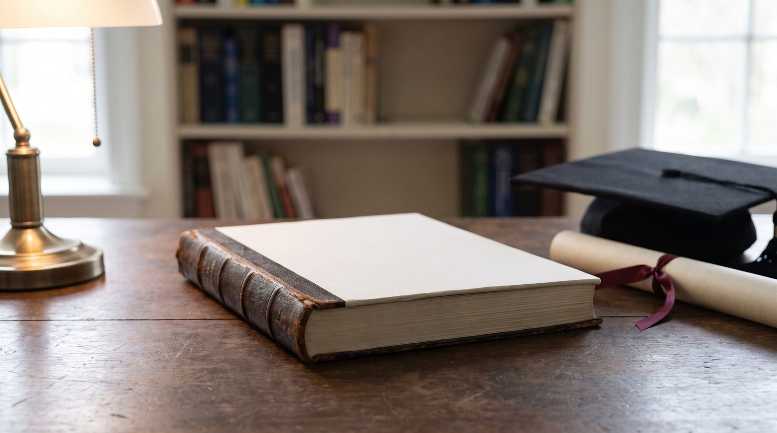 Tesis doctoral abierta sobre un escritorio, con birrete y diploma, ambiente académico